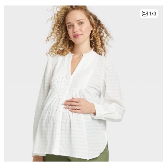THE NINES by HATCH White Long Sleeve Pintuck Cotton Maternity Shirt - Picture 1 of 7